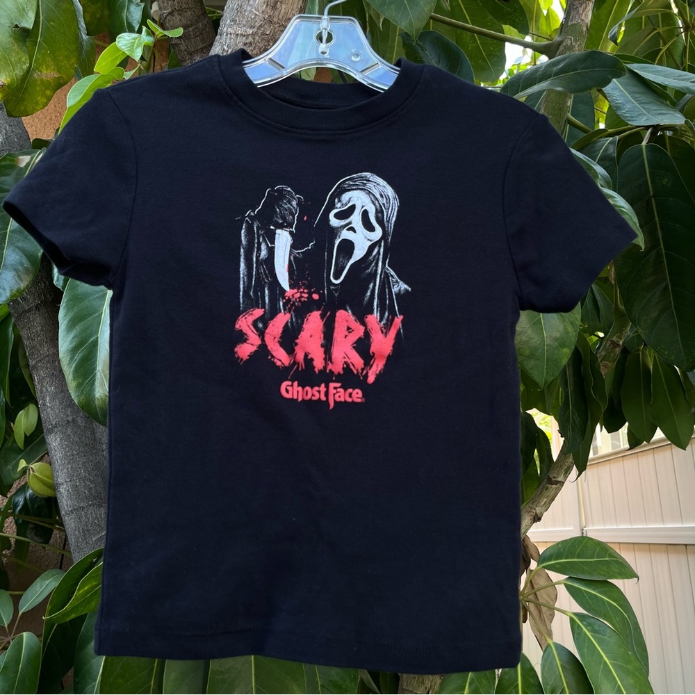 Scary Ghost Face Women's Black Graphic Horror Movie Baby Tee.